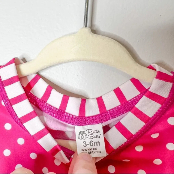 Ruffle Butts Pink Polka Dot Stripe Baby Swim Top - Picture 4 of 4